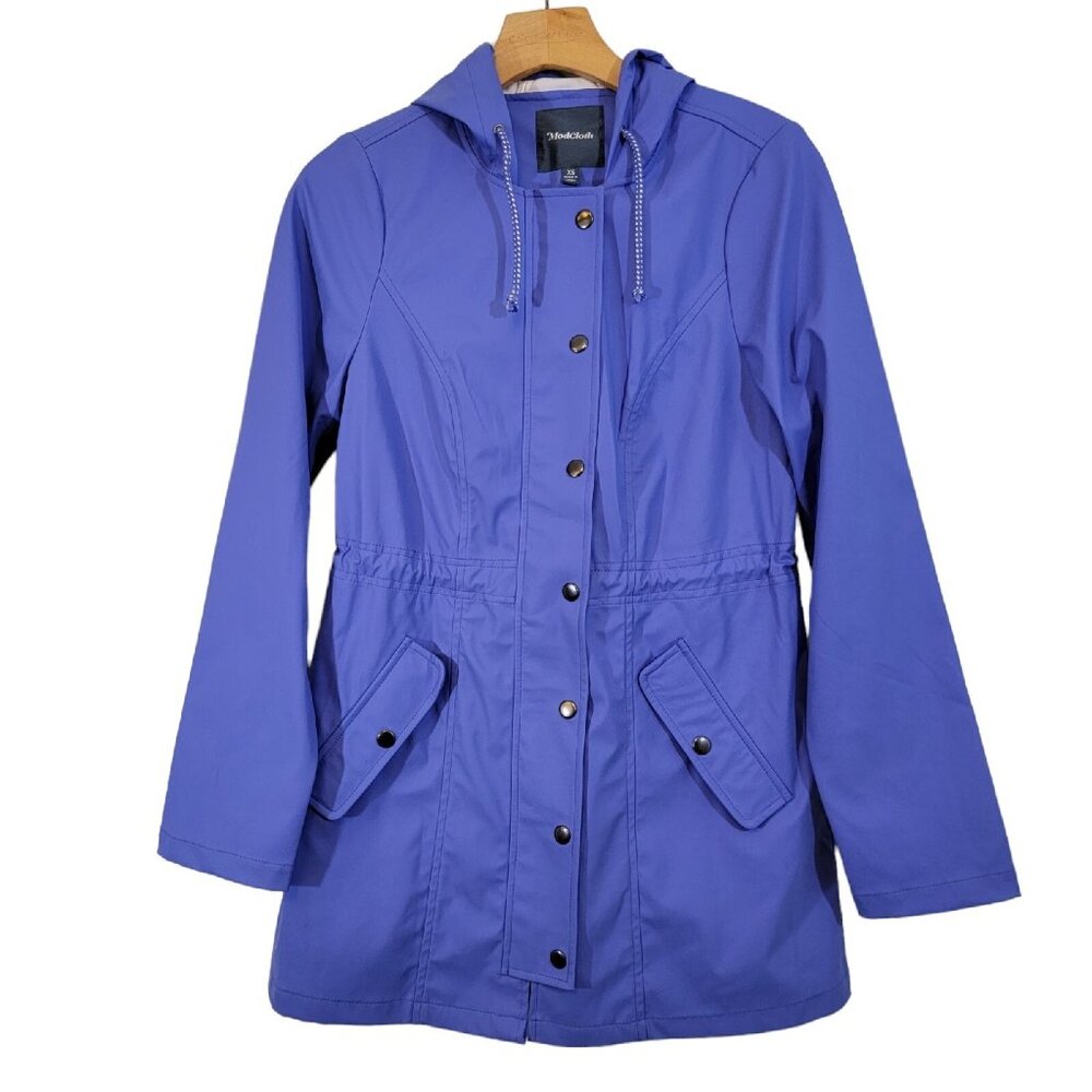 NWOT MODCLOTH Jacket Blue‎ Sz XS Rain Coat Adjustable Waist Hooded